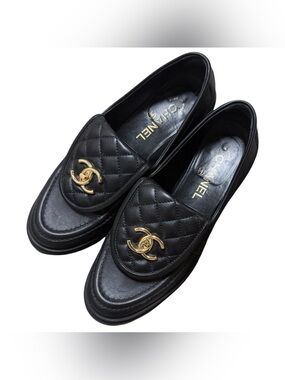 CHANEL Black Quilted Leather Loafers Gold CC Emblem